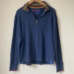 Robert Graham Navy Waffle Knit Thermal Sweater Multicolor Collar Flip Cuff Sz S